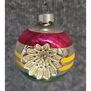 Vtg Double Indent Pink Yellow Green Striped Christmas Ornament Shiny Brite 2”